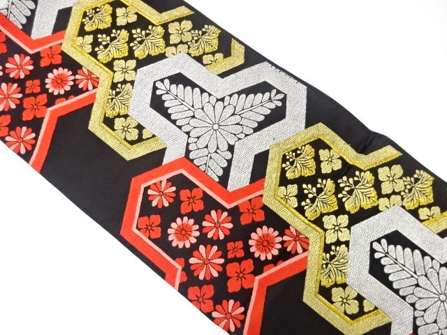 アンティーク　毘沙門亀甲に草花模様織り出し袋帯(着用可)